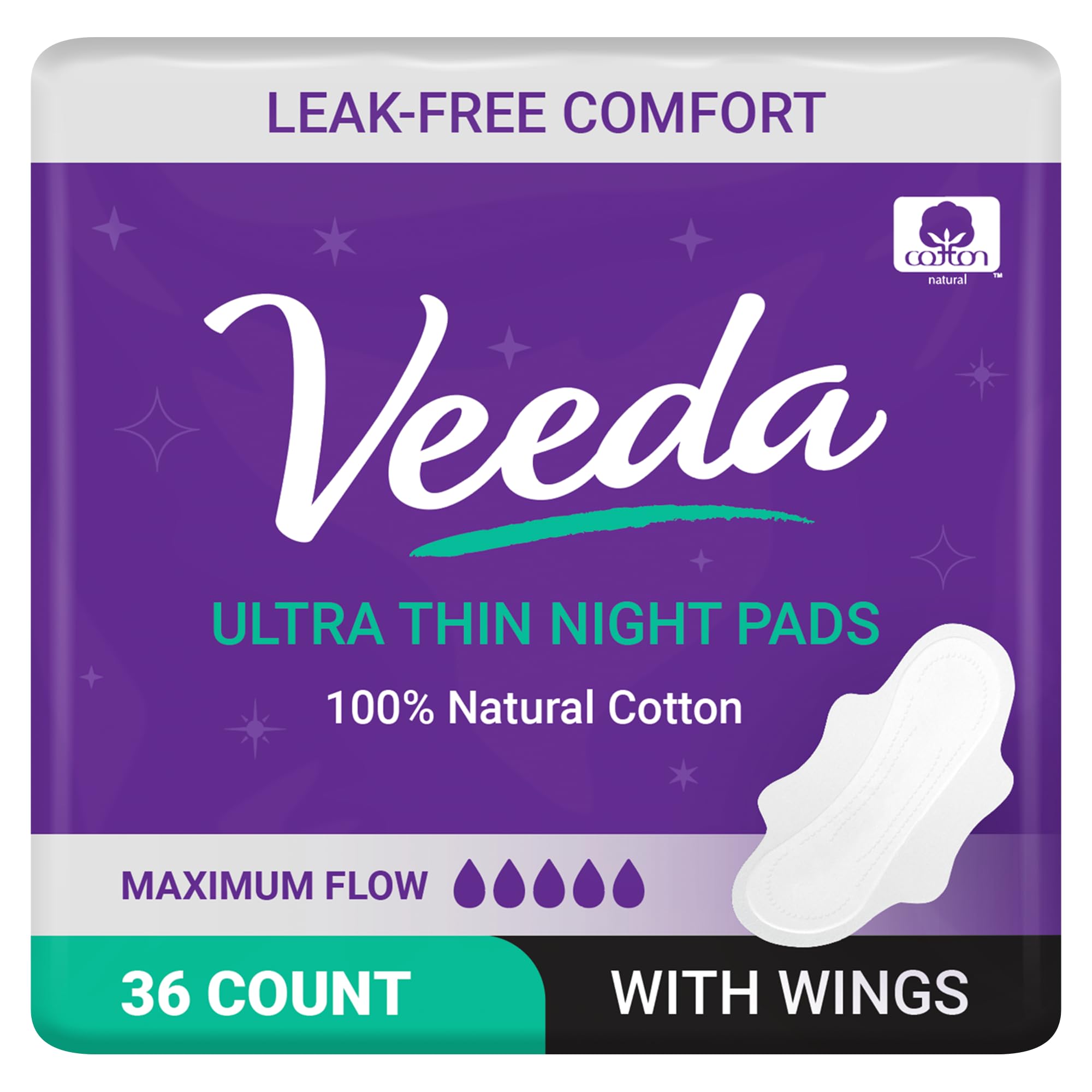 Veeda Natural Cotton Night Pads for Women - Overnight Heavy Flow Absorbent Ultra-Thin Feminine Pad - Hypoallergenic Period pads with Wings - Unscented & Chlorine free Sanitary Napkins - 36 Count