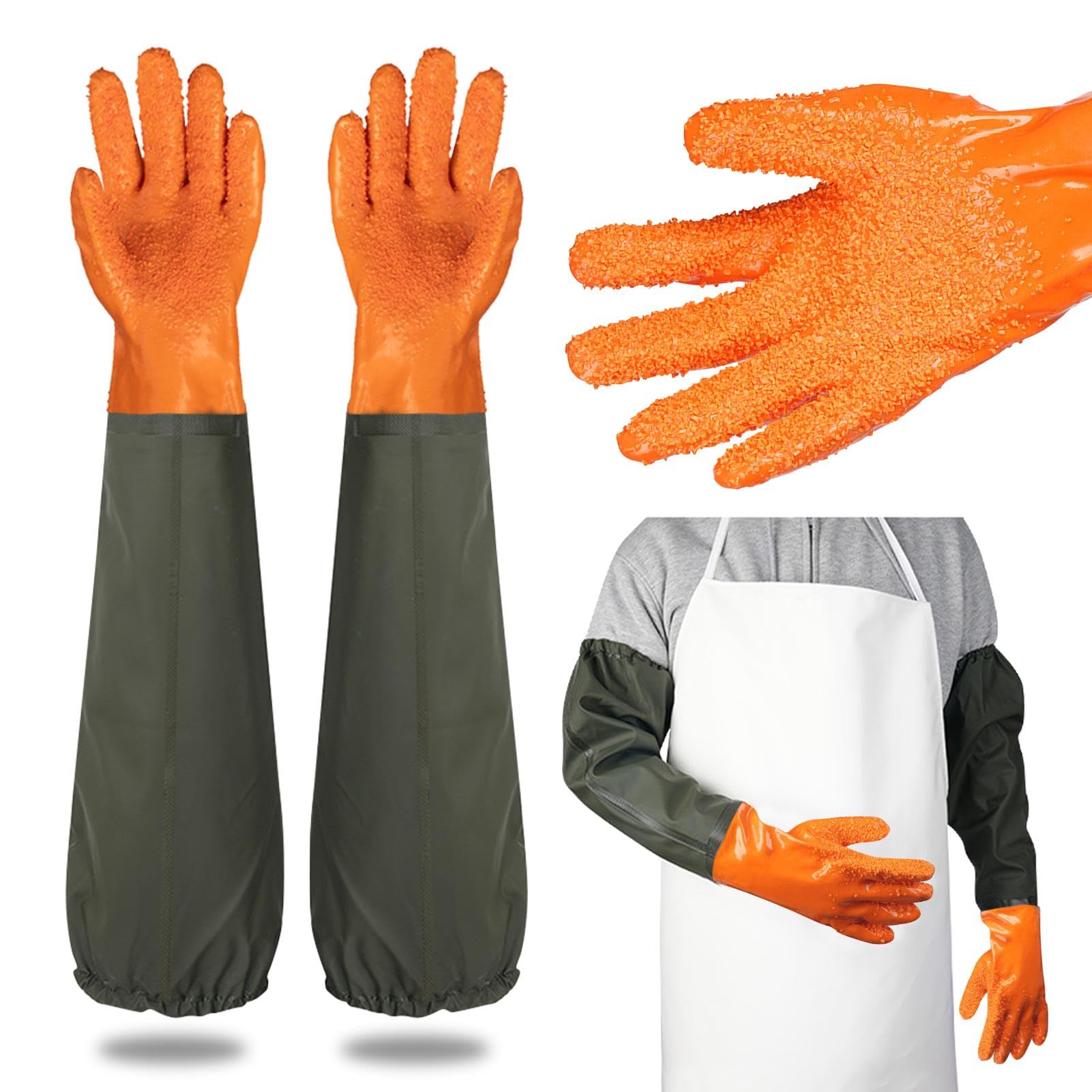 Hahhhha 1 Pair Long Rubber Gloves,27" Fabric Lining Cleaning Pond Gloves,Full Arm Work Gloves for Men and Women,Drain Waterproof Gloves for Gardening Fishery Aquarium(Orange)