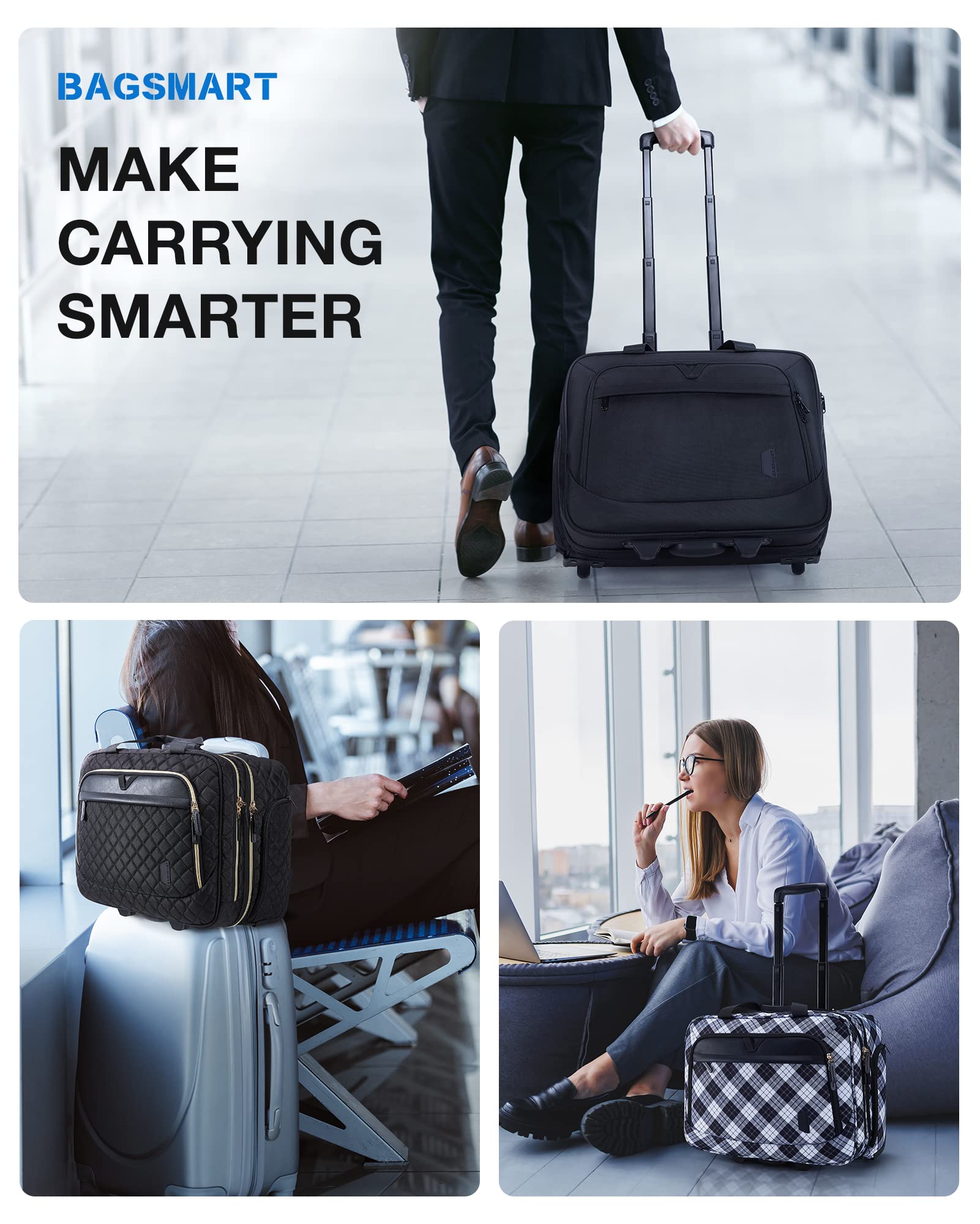 17.3 Inch Rolling Laptop Bag Women Men,Rolling Briefcase for Women with Wheels,Rolling Computer Bags Laptop Case for Work Travel Business,Black