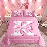 jejeloiu Pink Bowknot Bedding Set, Twin Size, Decor Gifts for Women Teen Girl Ultra Soft Initial Letter K Bedding Set, Girly Romantic Comforter,Duvet Set Room Decor Quilt Set