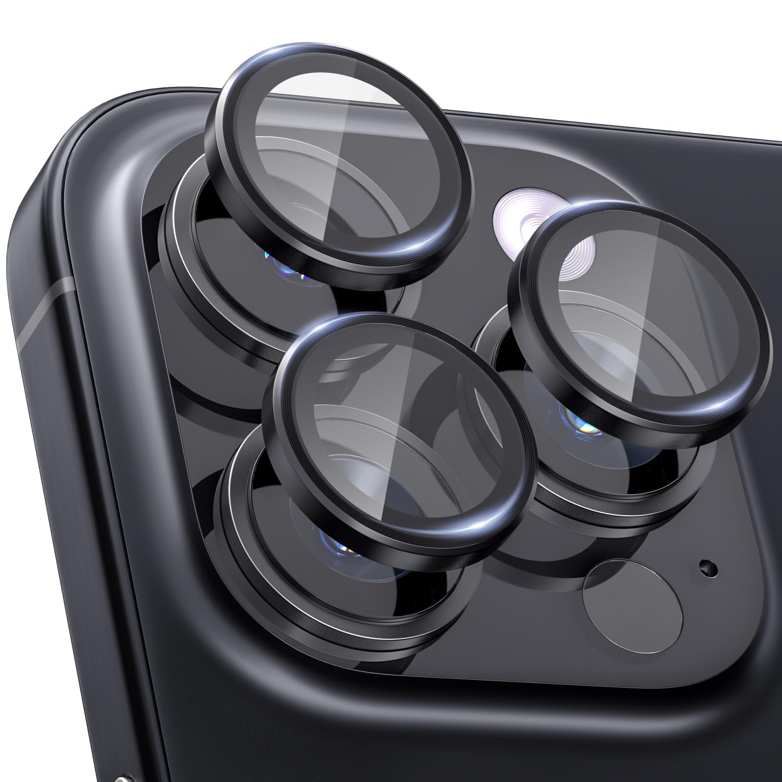 CloudValley [3 for iPhone 15 Pro / 15 Pro Max Camera Lens Protector, Ultra-HD Tempered Glass Camera Cover [Case-Friendly] Metal Individual Lens Screen Protective Ring,Black Titanium