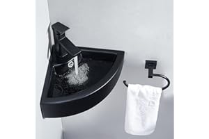 Ufaucet Black Wall Mount Bathroom Corner Sink, Small Bathroom Triangle Wall Mounted Mini Vanity Space Sink, 18"X13"X5" Wall Hung Floating Porcelain Ceramic Wash Basin with Single Hole and Overflow