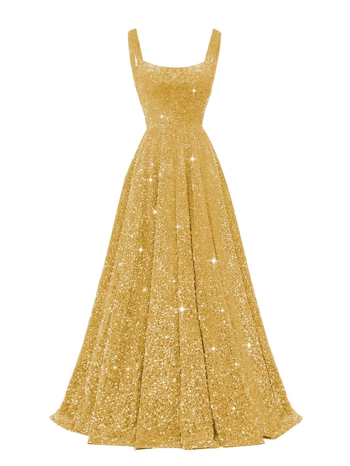 Photo 1 of Miao Duo Plus Size Spaghetti Strap Sequin Prom Dresses for Juniors 2025 Gold Glitter Long Square Neck A Line Evening Party Gown with Pockets16w