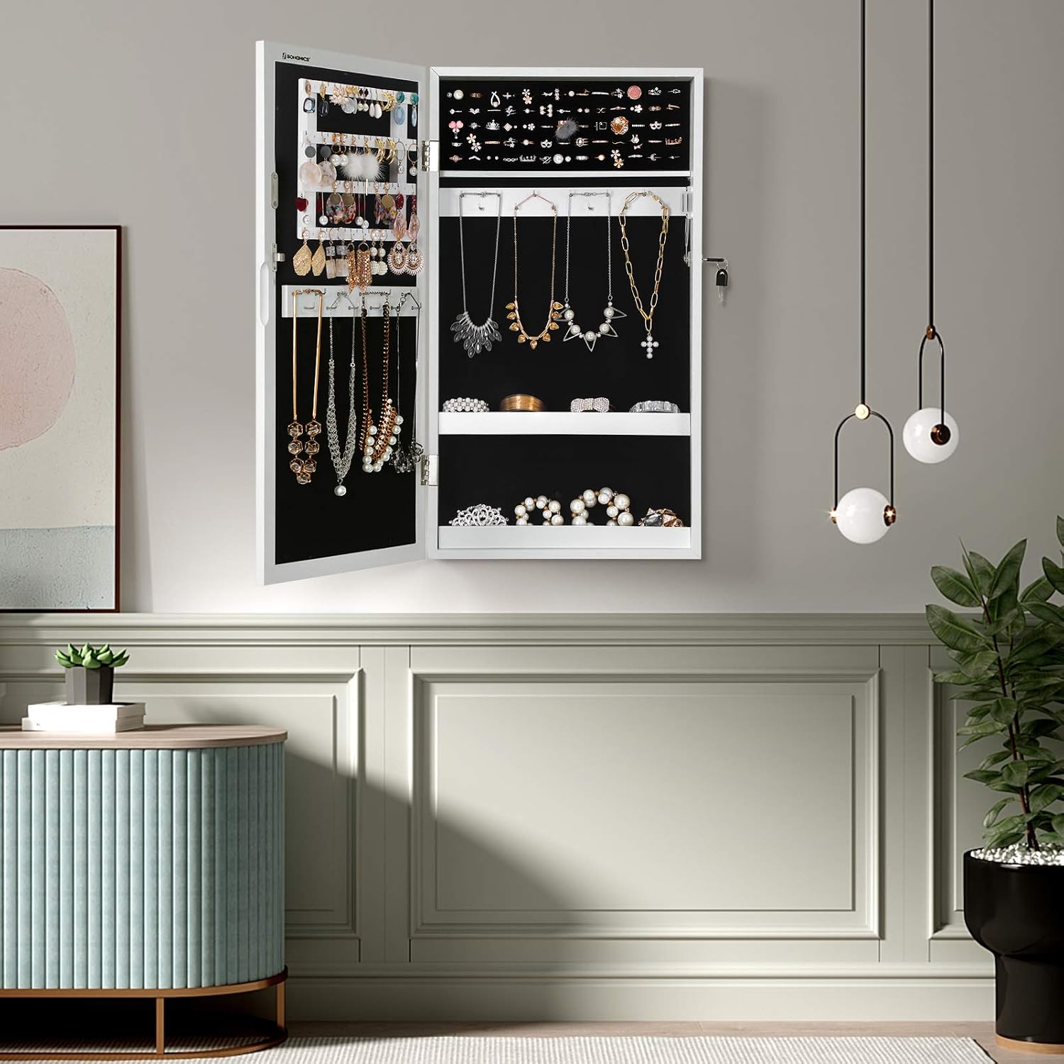 SONGMICS White Mirrored Lockable Jewellery Cabinet, Wall Mount Jewellery Organiser, Gift Idea JBC51W, White + Black, 29 x 59 cm (D x H) - Image 4