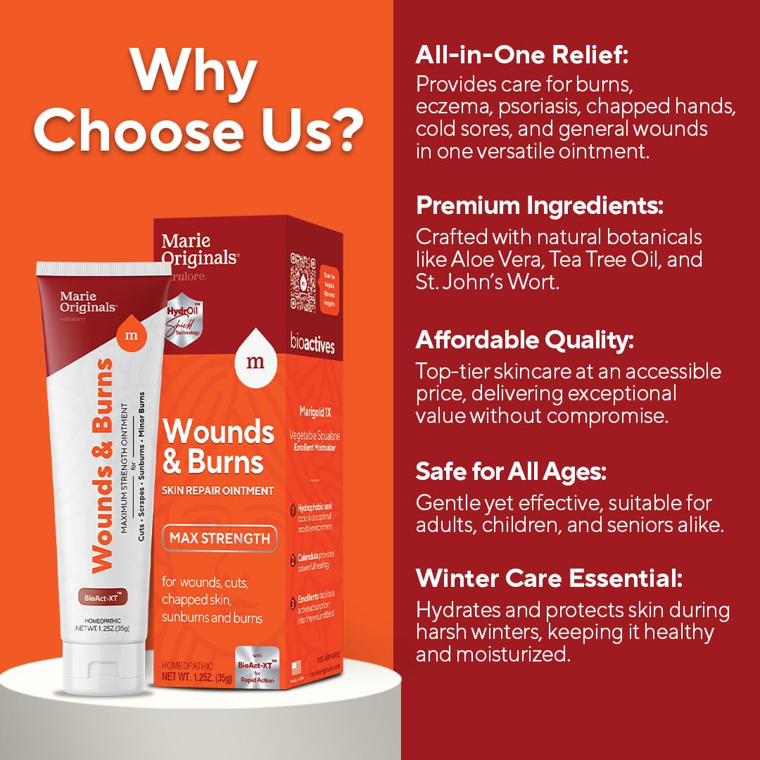 Marie Originals All-Natural Skin Repair and Burn Cream Ointment | First Aid Ointment | Accelerate Wound Healing for General Wounds, Chapped Hands, Cold Sores, Eczema, Psoriasis & Burn. 1.25oz