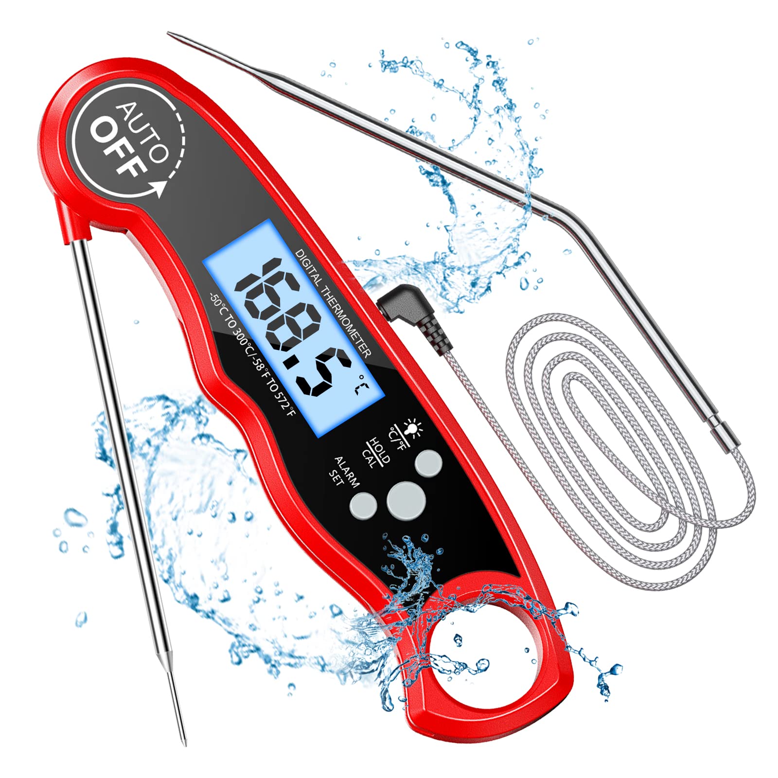 CIRYCASE Meat Thermometers, Fast & Precise Read Food Thermometer with 102cm Wire Probe, Backlight LCD Display, Digital Thermometers, BBQ Thermometer for Kitchen, Outdoor Cooking, Liquid & Grill