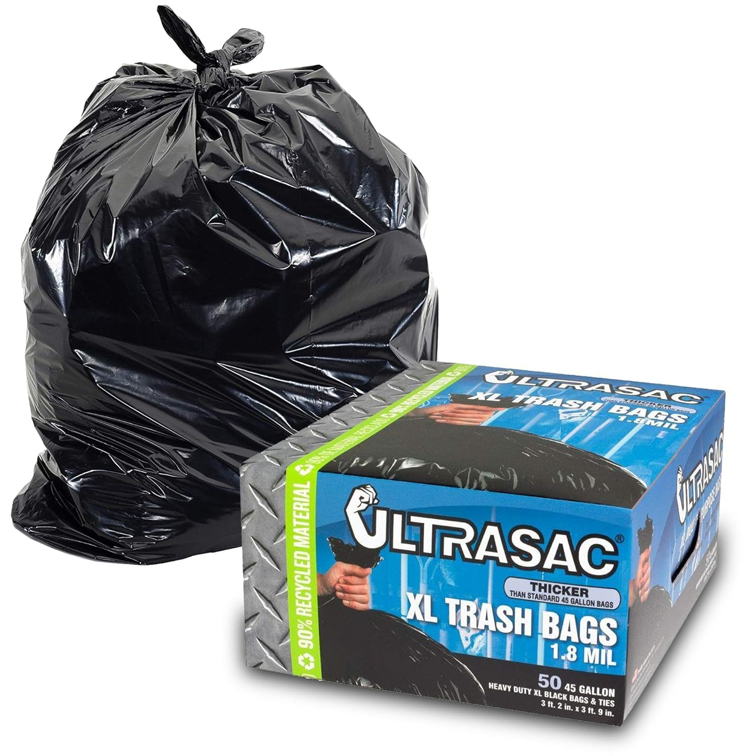 Photo 1 of Ultrasac Heavy Duty 45 Gallon Trash Bags Huge 50 Count/w Ties) - 1.8 MIL - 38" x 45" - Large Black Plastic Garbage Bags for Contractor, Industrial, Home, Kitchen, Commercial, Yard, Lawn, Leaf