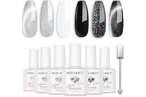 modelones Gel Nail Polish 6 Colors Black White Silver Gray Cat Eye Glitter Shimmer Magnetic Hema& TPO Free Gel Polish Kit Soak Off UV LED DIY Winter Nail Art Manicure Salon Home Gifts for Women Girls