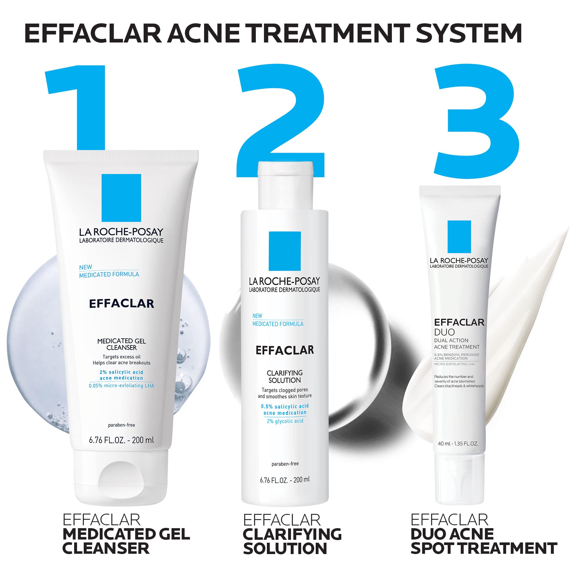 La Roche-Posay Effaclar Dermatological 3 Step Acne Treatment System, Salicylic Acid Acne Cleanser, Pore Refining Toner, and Benzoyl Peroxide Spot Treatment for Sensitive Skin