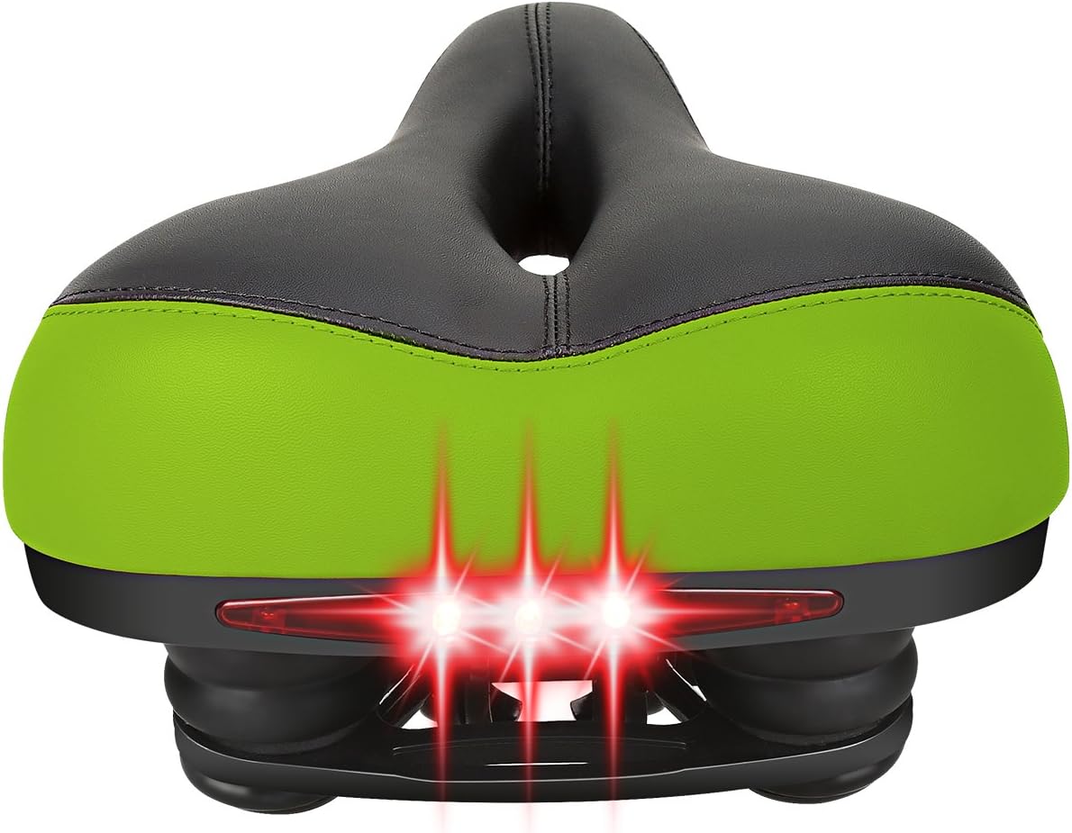 Comfortable Bike Seat Cushion Leather Bike Saddle with Safety Taillight, Dual-Spring Suspension Artificial Designed, Memory Foam Pad