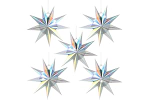5Pack 9-Pointed Paper Star Lanterns 11.8 Inch Iridescent Hanging Paper Lampshade for Winter Wonderland, Christmas Holiday, We