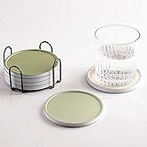 Hoomey Set of 6 Beige and Green Coasters with Holder, Absorbent Ceramic Drink Coasters with Cork Backing for Table Protection, Table Decor, Housewarming Gifts