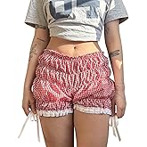 Women's Y2K Shirred Shorts Ruffle Ruched Lolita Bloomer Plaid Gingham Boxer Shorts Pajama Lace Trim (Red, M)