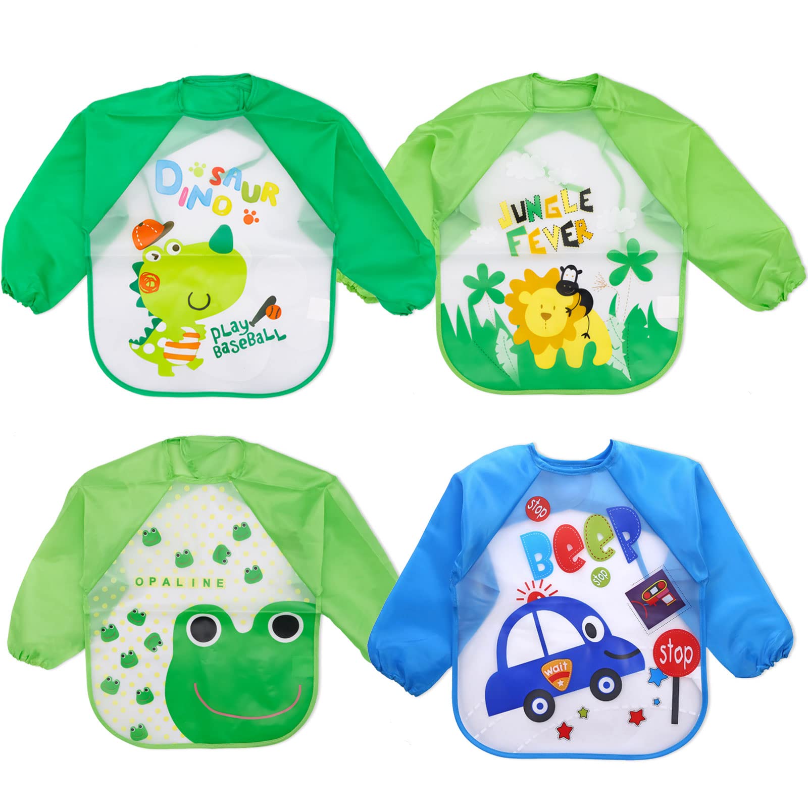 Baogaier Bibs Baby Long Sleeves, 4 PCS Waterproof Washable EVA Coverall Food Bib with Sleeves, Toddler Feeding Weaning Eating Painting Apron Easy Clean Smock for Infant Babies Boys 6-36 Months, Blue