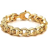 COOLSTEELANDBEYOND Biker Bracelet Gothic Skull Stainless Steel Gold Color Bracelet for Men Vintage Old Metal Finishing