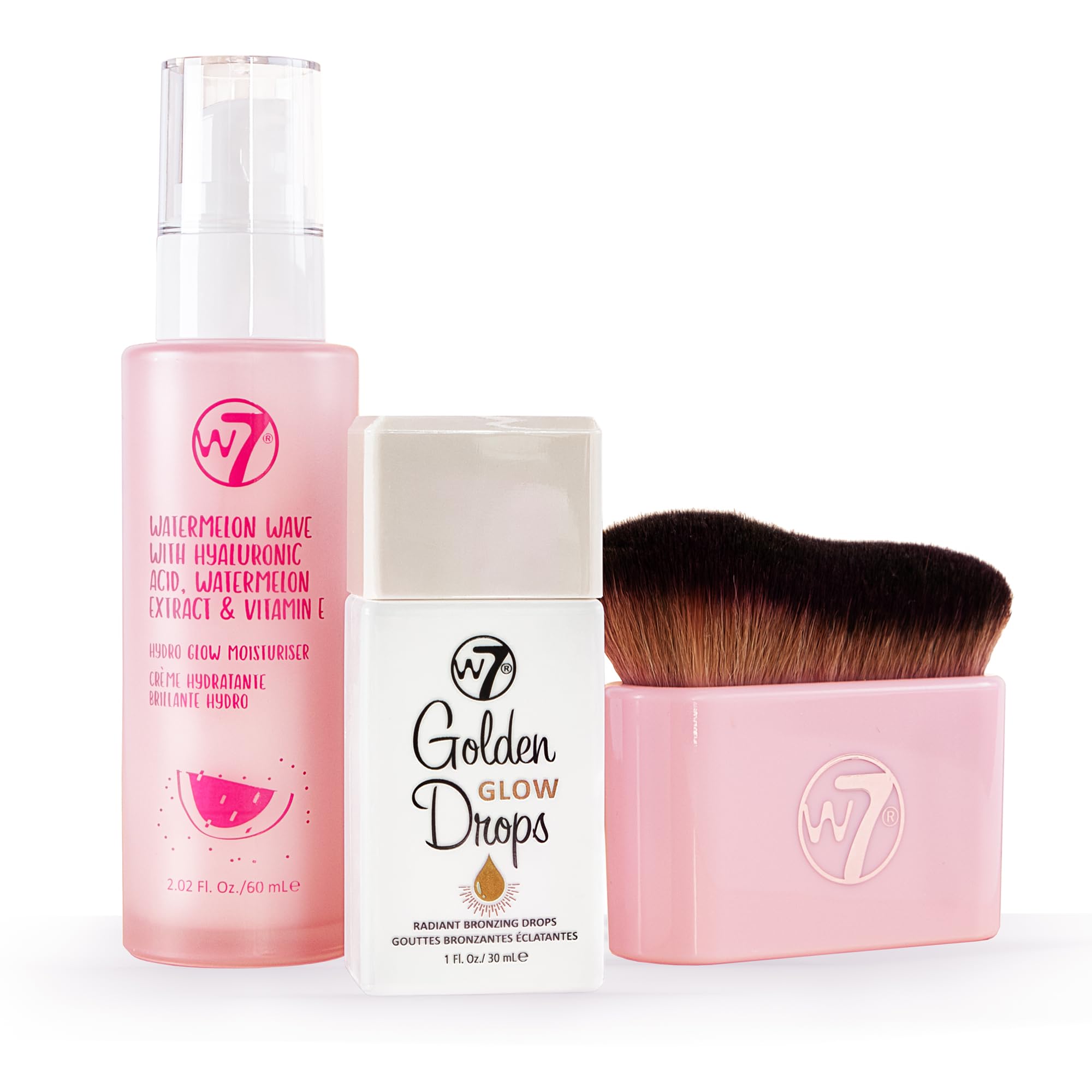 W7 Golden Glow Drops Essential Trio - 3 Piece Set - Liquid Bronzing Drops, Moisturiser & Body Brush