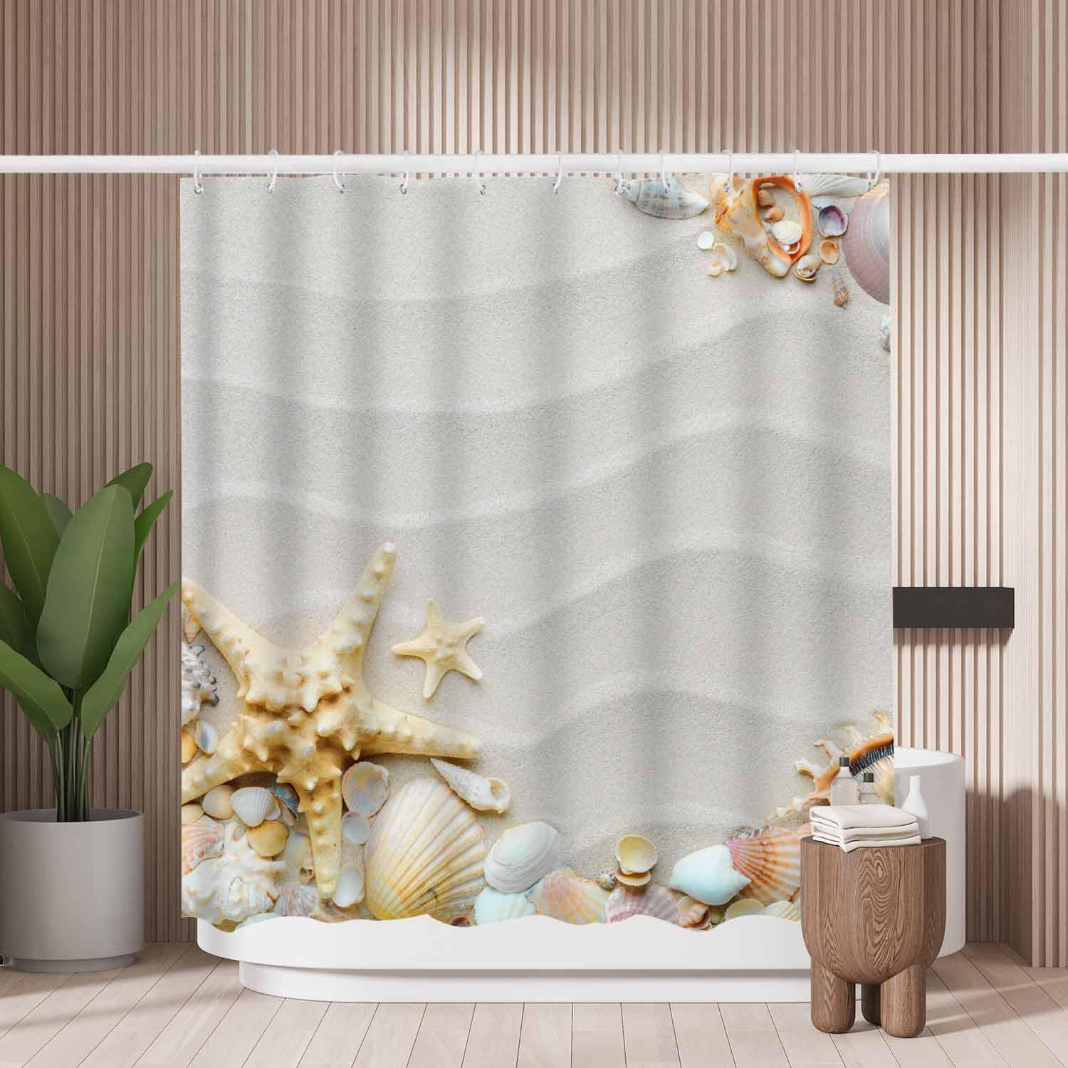 Woutay Shower Curtain Mould Proof Resistant Beach Shells,Water Repellant Fabric,Polyester,with 12 Plastic Hooks,Size 180x180CM