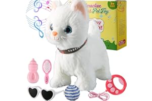 MARSJOY White Leash Walking Cat Set Singing That Purrs and Meows Animated Plush Robot Kitten Pet Moving Plush Realistic Stuffed Animal Remote Control Cute Kawai Robotic Kitty Toy for Kid