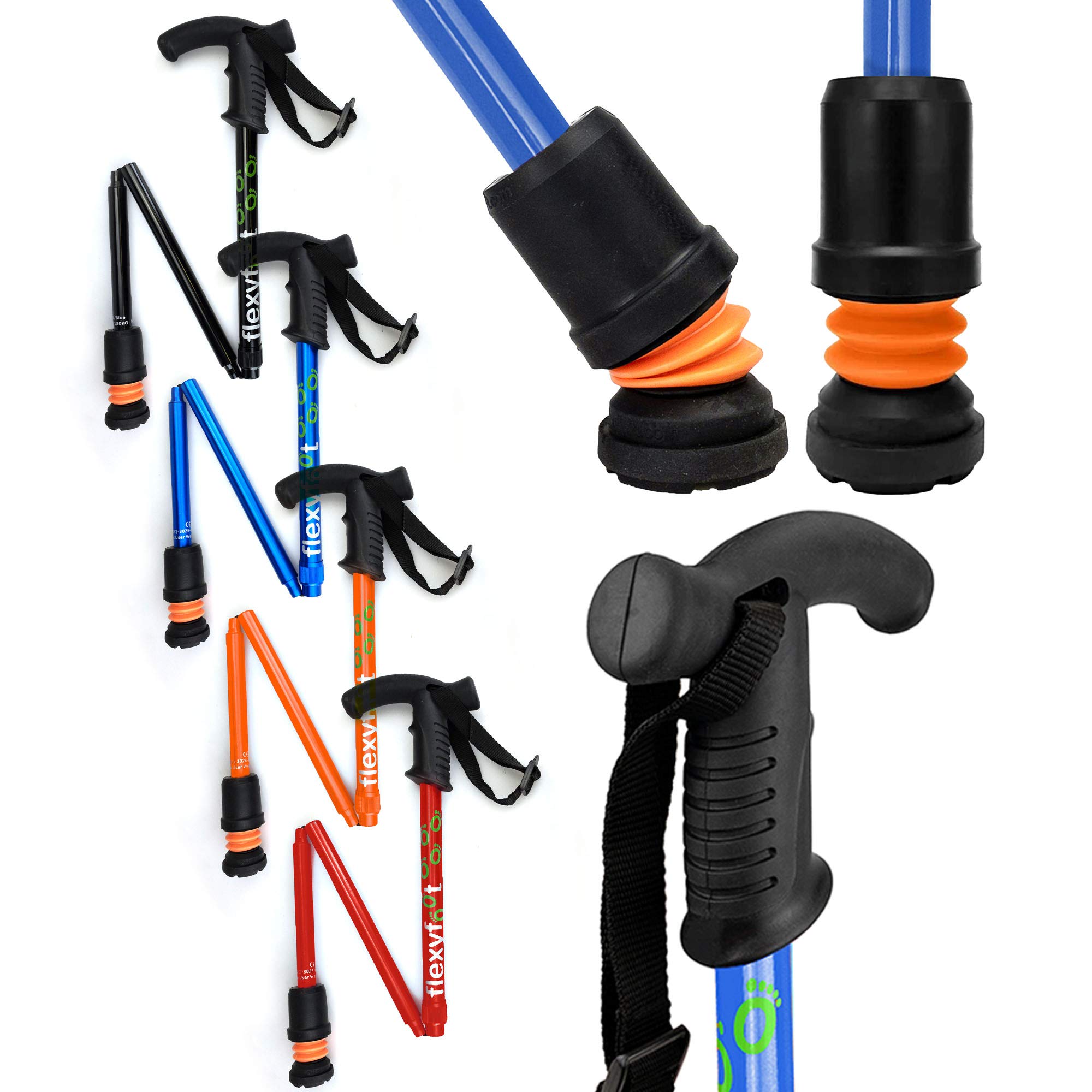 Flexyfoot Shock Absorbing Derby Handle Folding Walking Stick – Choice of Colours Available Here – Improved Comfort, Improved Grip, Improved Safety – Colour: Blue