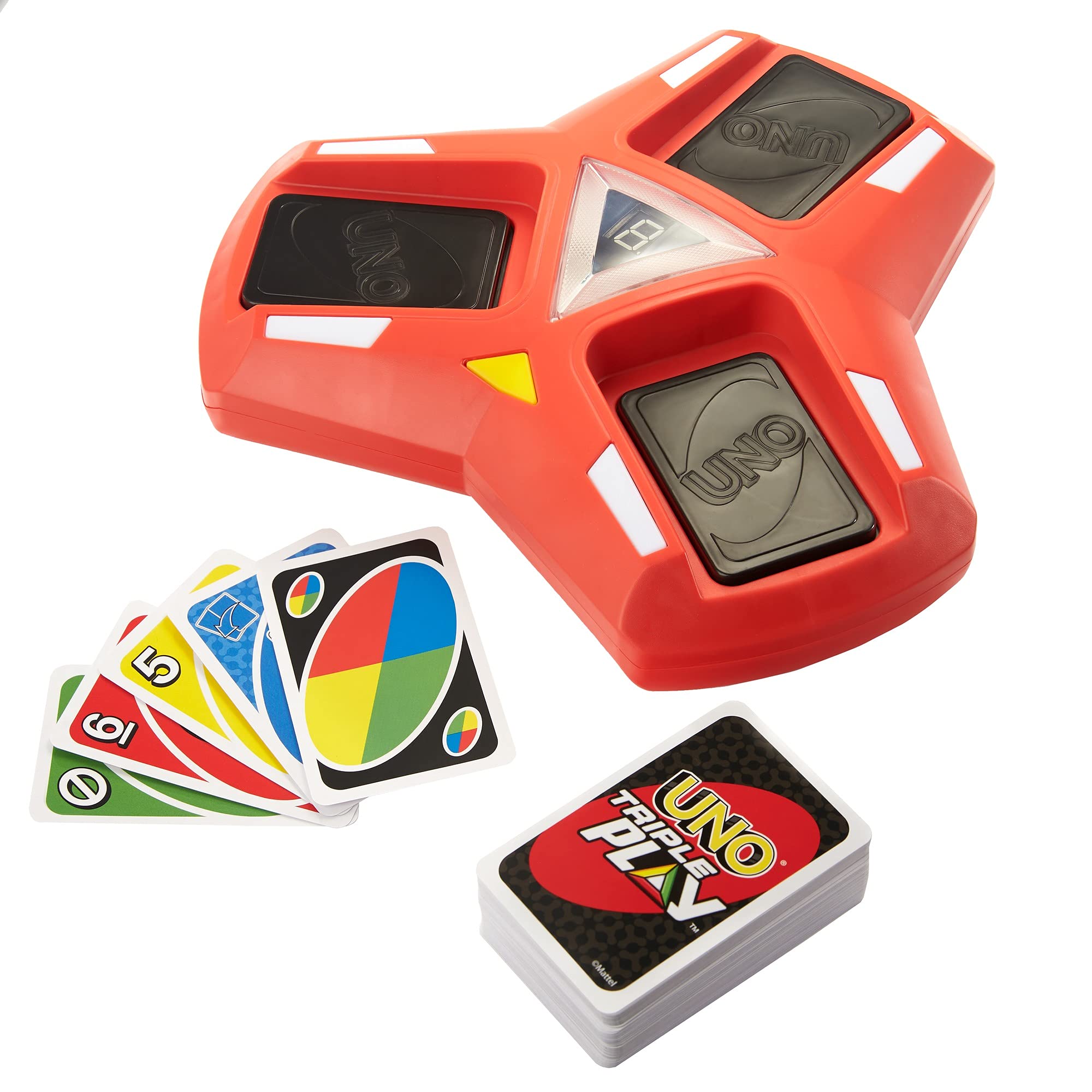 Mattel Games UNO Triple Play, Uno Kartenspiel für die Familie, mit Licht und Soundeffekten, Perfekt als Kinderspiel, Reisespiel oder Spiel für Erwachsene, für 2-6 Spieler, ab 7 Jahren, HCC21 8