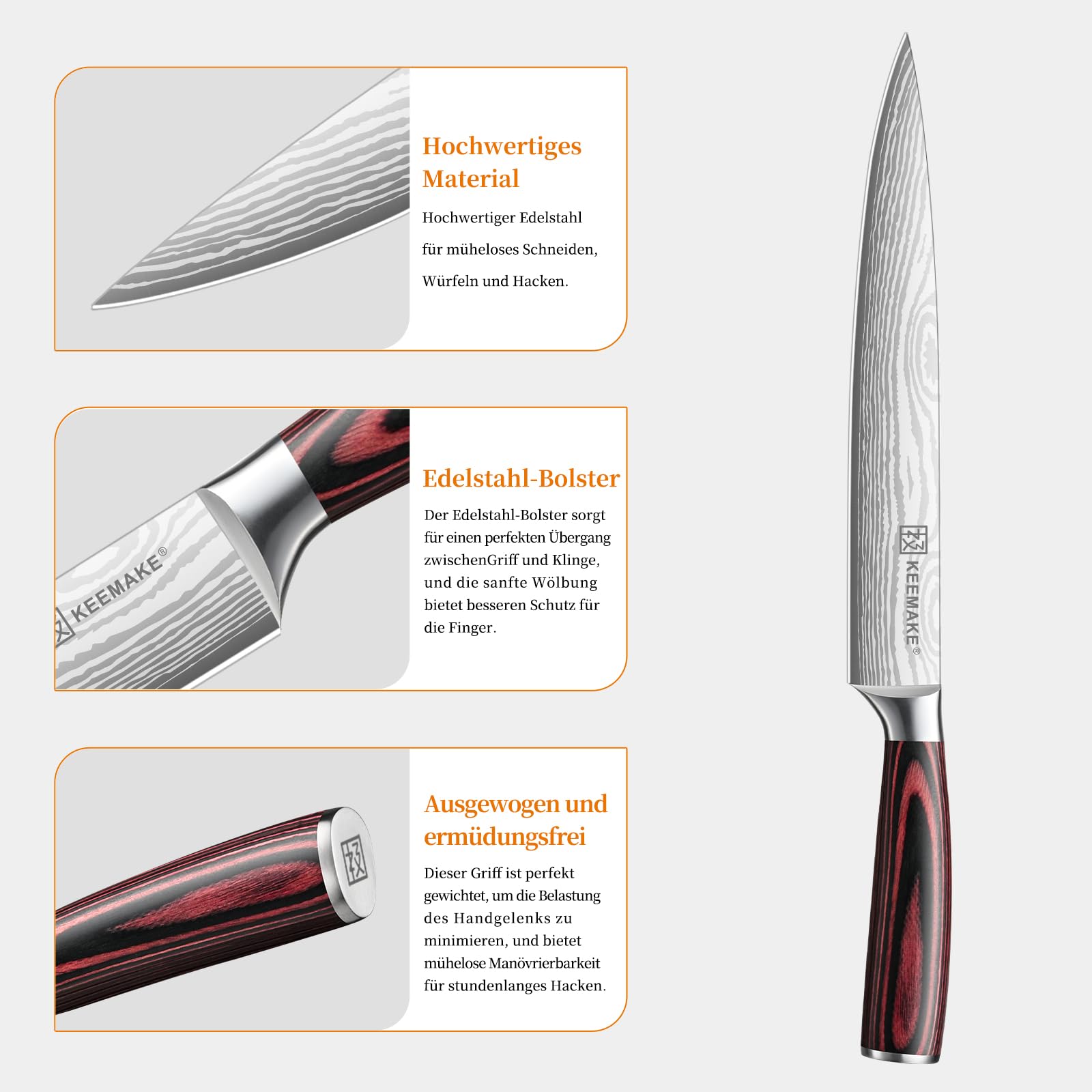 KEEMAKE Scharf Fleischmesser 20cm - Profi Kochmesser Küchenmesser aus Edel-Stahl, Tranchiermesser Schinkenmesser mit ergonomischem Pakkaholz-Griff, Allzweck Grillmesser Chef Knife, Vatertagsgeschenk 3