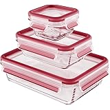 EMSA 514169 Clip & Close Set of 3 Glass Storage Boxes with Plastic lids, Volume: 0.2; 0.5; 1.3 litres Transparent/Blue