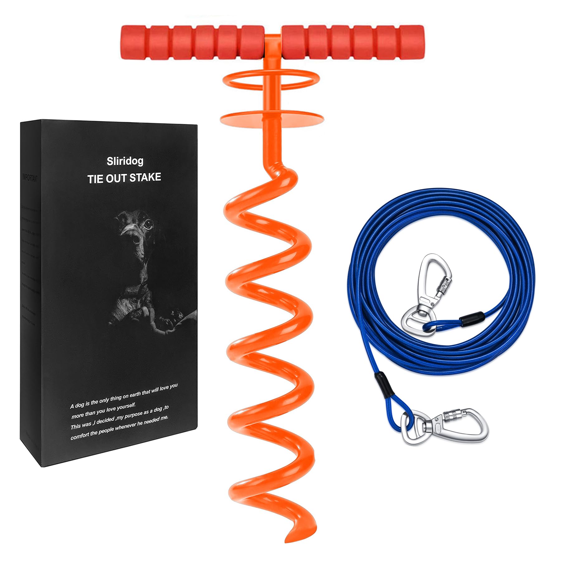 Photo 1 of Sliridog Heavy Duty 30FT Dog Tie Out Cable and Stake for Large Dogs, Dog Tie Out Stake and Cable Anchor for Dogs Up to 200 lbs,for Yard, Beach, Outdoor(Orange)