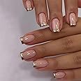 Gold Press on Nails Medium Gold French Tip Fake Nails Square Shape False Nail Tips Nude Pink Full Cover Glue on Nails Medium Length Stick on Nails Glossy French Tip Nails Press ons for Women 24 Pcs