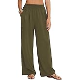 LOMON Palazzo Pants for Women Casual Wide Leg Flowy Pants Beach Vacation Clothes Elastic Waist Boho Trousers with Pockets