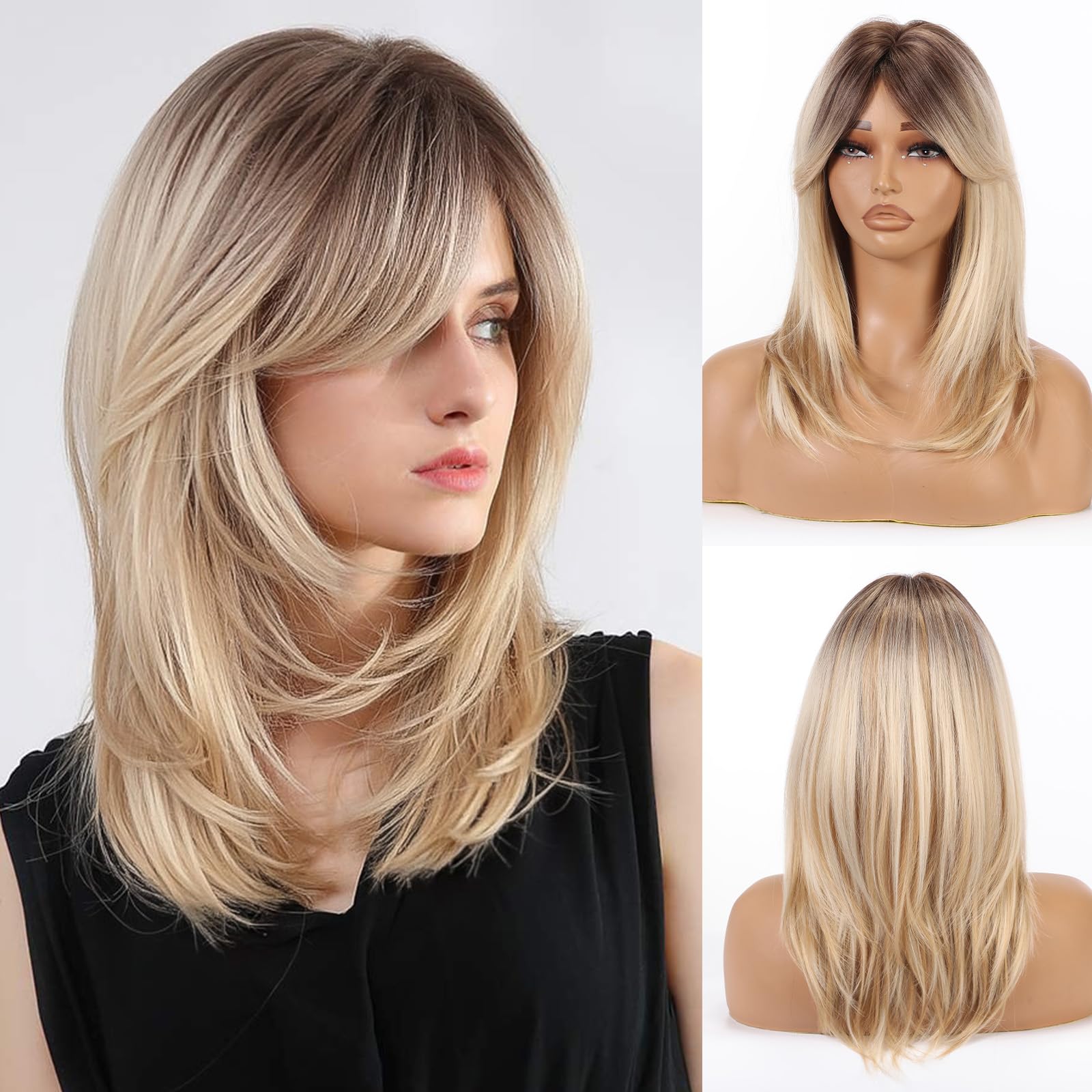 Allbell Mixed Blonde Wig with Fringe for Women Medium Length Layered Blonde Straight Wig with Curtain Bangs Short Wig with Dark Roots Synthetic Heat Resistant Fiber Wigs for Daily Use