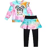 Aulyffo Toddler Girl Clothes,2 Piece Tie Dye Girls Outfits Ruffle Sleeve Graphic Print Top + Skirt Leggings Kids Clothing Set