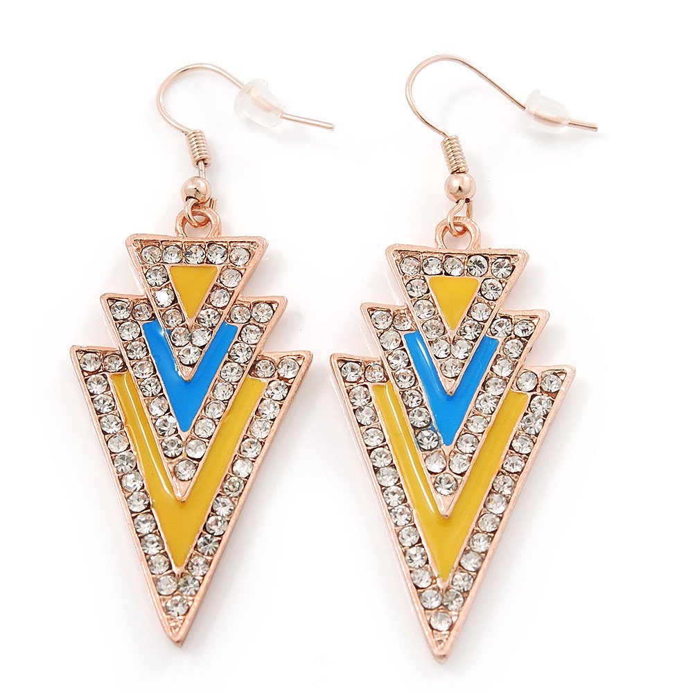 Yellow/Light Blue Enamel Crystal Triangular Drop Earrings/Gold Tone/ 60mm L