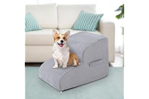 VHASO High Density Foam Dog Stairs Steps, 13.7’’ Non-Slip Extra Wide Deep Pet Steps for Beds Or Couches, for Injured or Older Pets Dogs and Cats with Joint Pain, 2-Tiers (Grey)