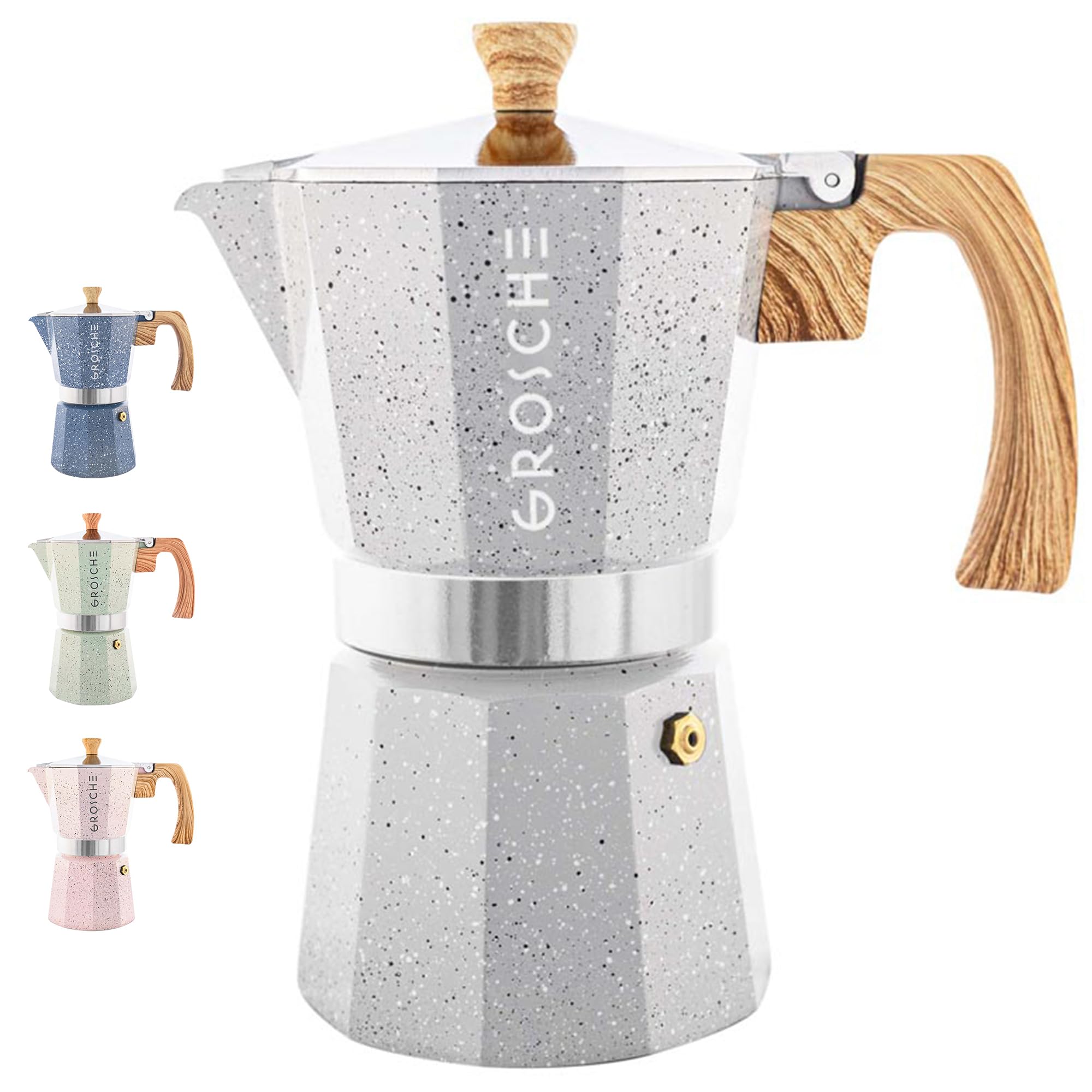 GROSCHE Milano Moka pot, Stovetop Espresso maker, Greca Coffee Maker, Stovetop coffee maker and espresso maker percolator (Grey, 6 cup)