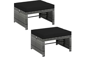 CHEFJOY Outdoor Ottomans, Set of 2 PE Rattan Foot Stool w/Soft Zippered Cushions, Multipurpose Patio Ottomans, Outdoor Furniture for Backyard, Additional Seating, Footrest, Side Table (Black)