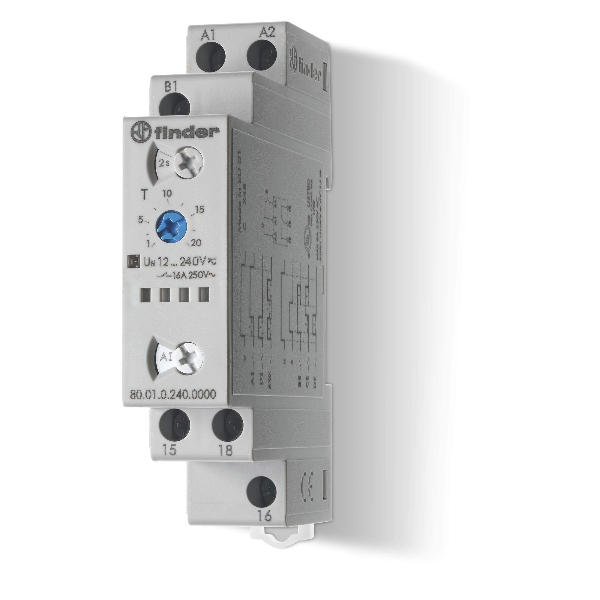 Finder 800102400000PAS Multifunction Multivoltage Modular Time Relay 1RT 16 A 12 to 240 Vac/dc with Set/Rest 0.1 Seconds to 24 Hours