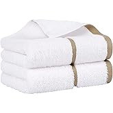 PiccoCasa Set of 2, 750 GSM Luxury White Hand Towels - Oversized 16x30 Inch Cotton Ring Spun Face Towels Highly Absorbent Home Hotel Spa Quality Towel, Champagne Strip