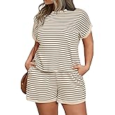 Beautife Womens Plus Size Lounge Set 2 Piece Outfits Stripe Short Sleeve Shirts Tops Shorts Summer Casual Loungewear