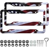 American Flag License Plate Frames, 2 Pack Patriotic US Flag Car Tag Frame | Universal Aluminum Metal Matte Stars Stripe USA Flag Car License Plate Holder Cover with Screws Caps for Women Men 4 Holes