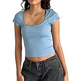 Womens Square Neck T Shirts Short Sleeve Lace Trim Tops Fitted Baby Tees Basic Teen Girls Y2K Crop Top