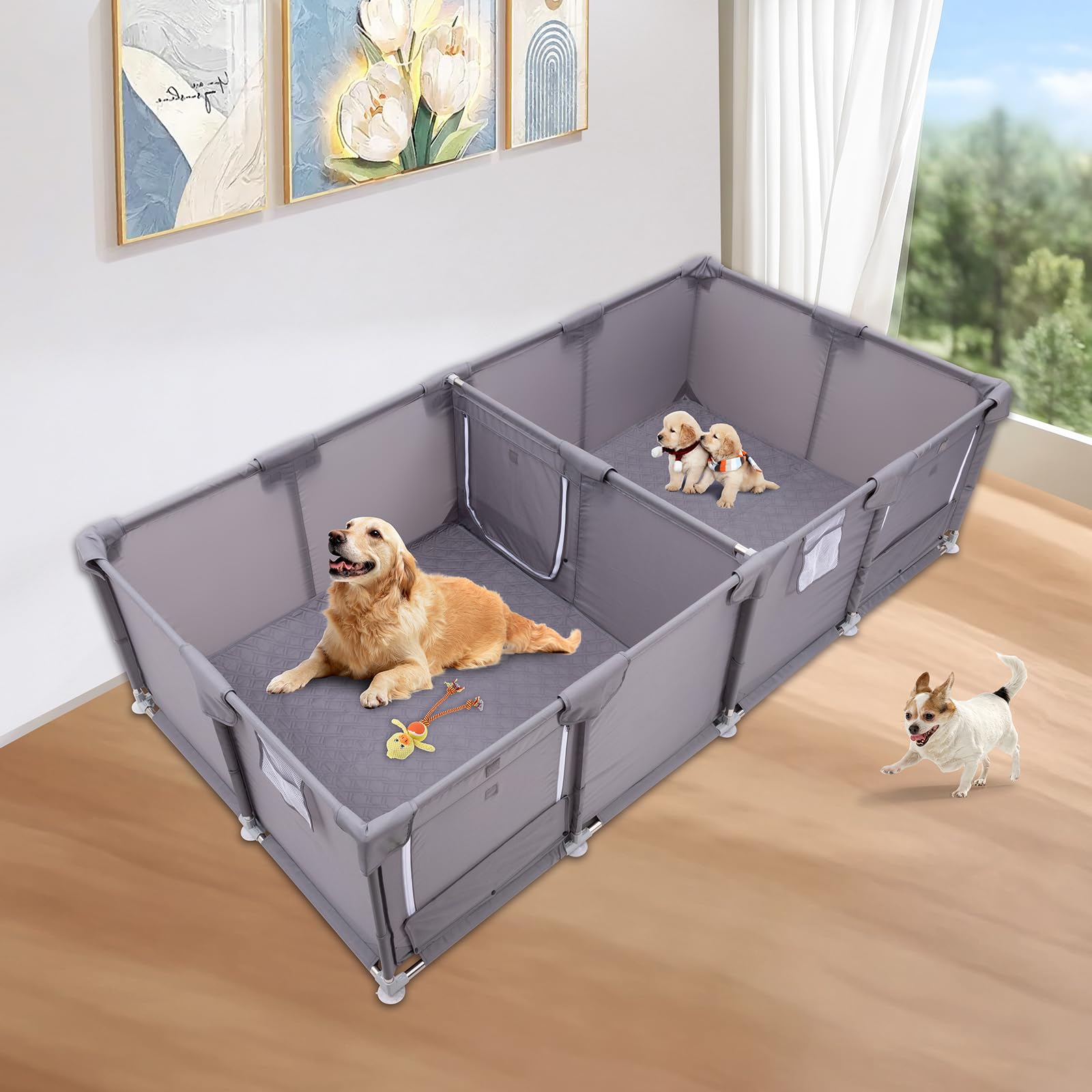 Photo 1 of 2 Room Whelping Box for Dogs and Puppies, 96×48×26 in Whelping Supplies with Waterproof Whelping Pad for Medium Small Dogs