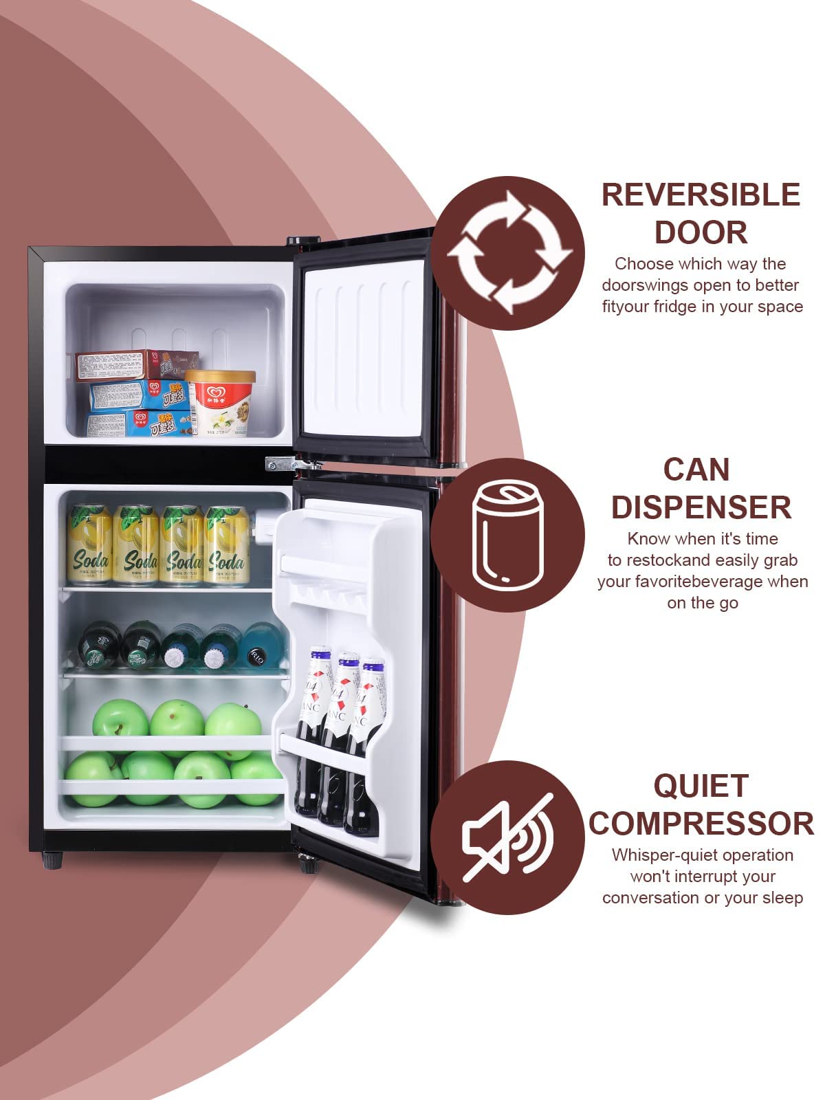 KRIB BLING Mini Fridge With Freezer,Compact Refrigerator With 2 Doors,7- Level Adjustable Thermostat, Removable Glass Shelves For Bedroom, Office, Kitchen, Apartment, Dorm,3.5 Cu. Ft Wood