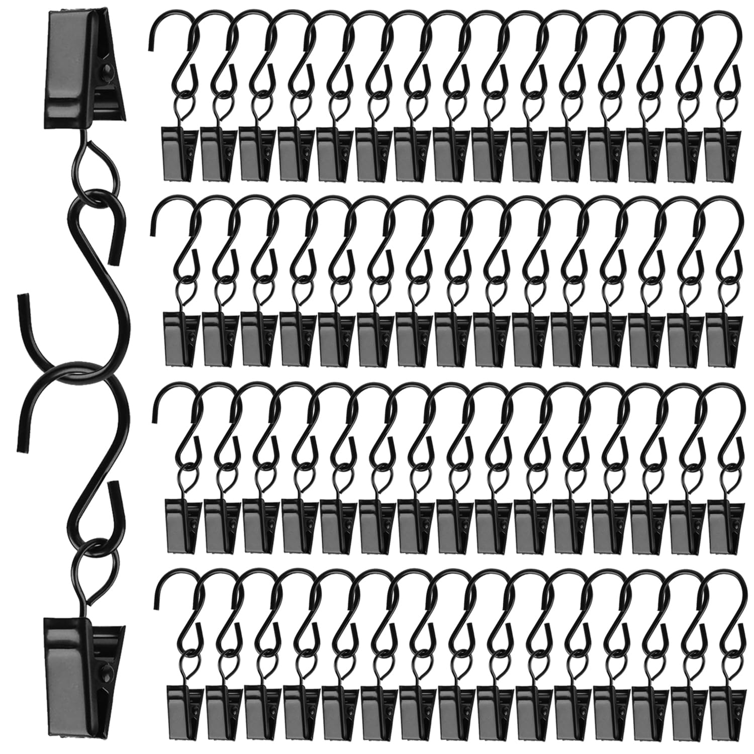 Stainless Steel Metal Clips with S Hooks for Curtain, Photos, Art Craft Hanger Hanging Clips, Home Decoration, 60 Pack, Black