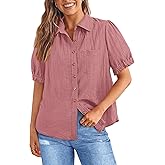 PRETTYGARDEN Womens Summer Short Sleeve Button Down Shirts V Neck Collared Casual Blouse Tops with Pockets
