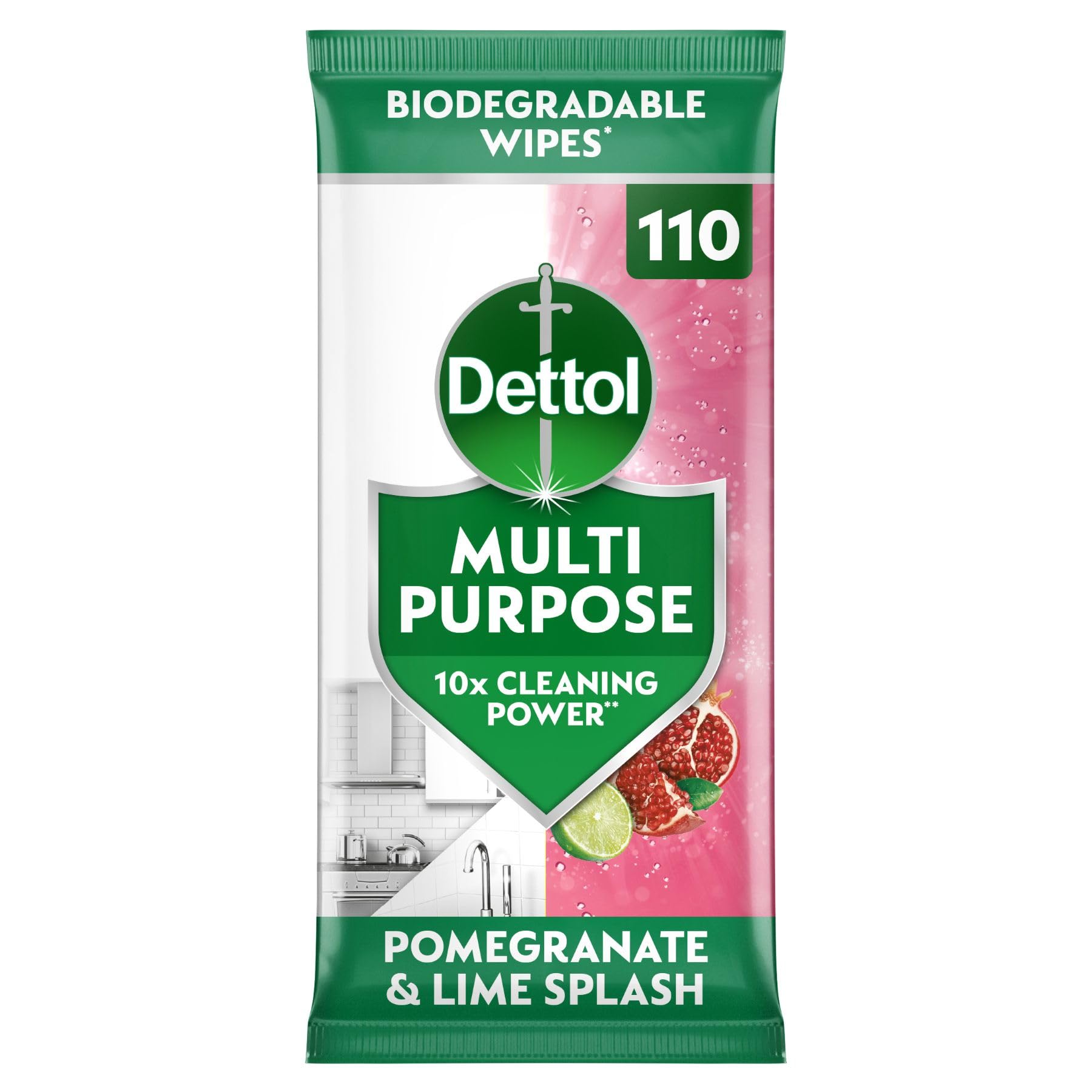 Dettol Antibacterial Multipurpose Cleaning Biodegradable Wipes, Pomegranate and Lime, 110 Wipes, Disinfectant, Home Hygiene, Kills 99.9 Percent of Germs
