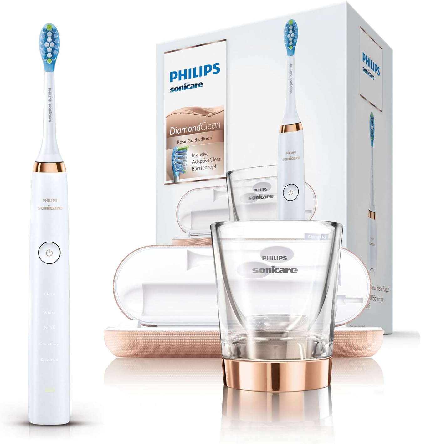 Philips Sonicare DiamondClean Elektrische Zahnbürste HX9396/89 - Schallzahnbürste mit 5 Putzprogrammen, Timer, USB-Reise-Ladeetui &amp; Ladeglas – Rose Gold