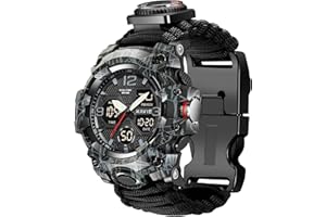 SMILKAT 23-in-1 Survival Military Digital Watch, Mens Tactical Multi-Functional and Adjustable Wristband Outdoors Waterproof Sports Dual Dial Watches with Compass Paracord Band