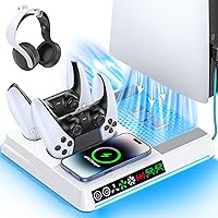 PS5/ Slim/PRO Cooling Station with Controller & Wireless Charger, PS 5 Vertical Cooling Stand for Disc & Digital Console, Dua