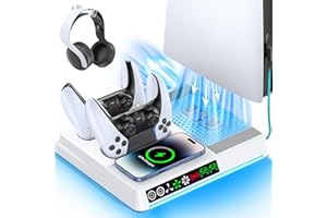 OIVO VGA DESIGN PS5 / Slim/PRO Cooling Station with Controller & Wireless Charger, PS 5 Vertical Cooling Stand for Disc & Digital Console, Dual PS5 Controller Charging Station for DualSense & Edge