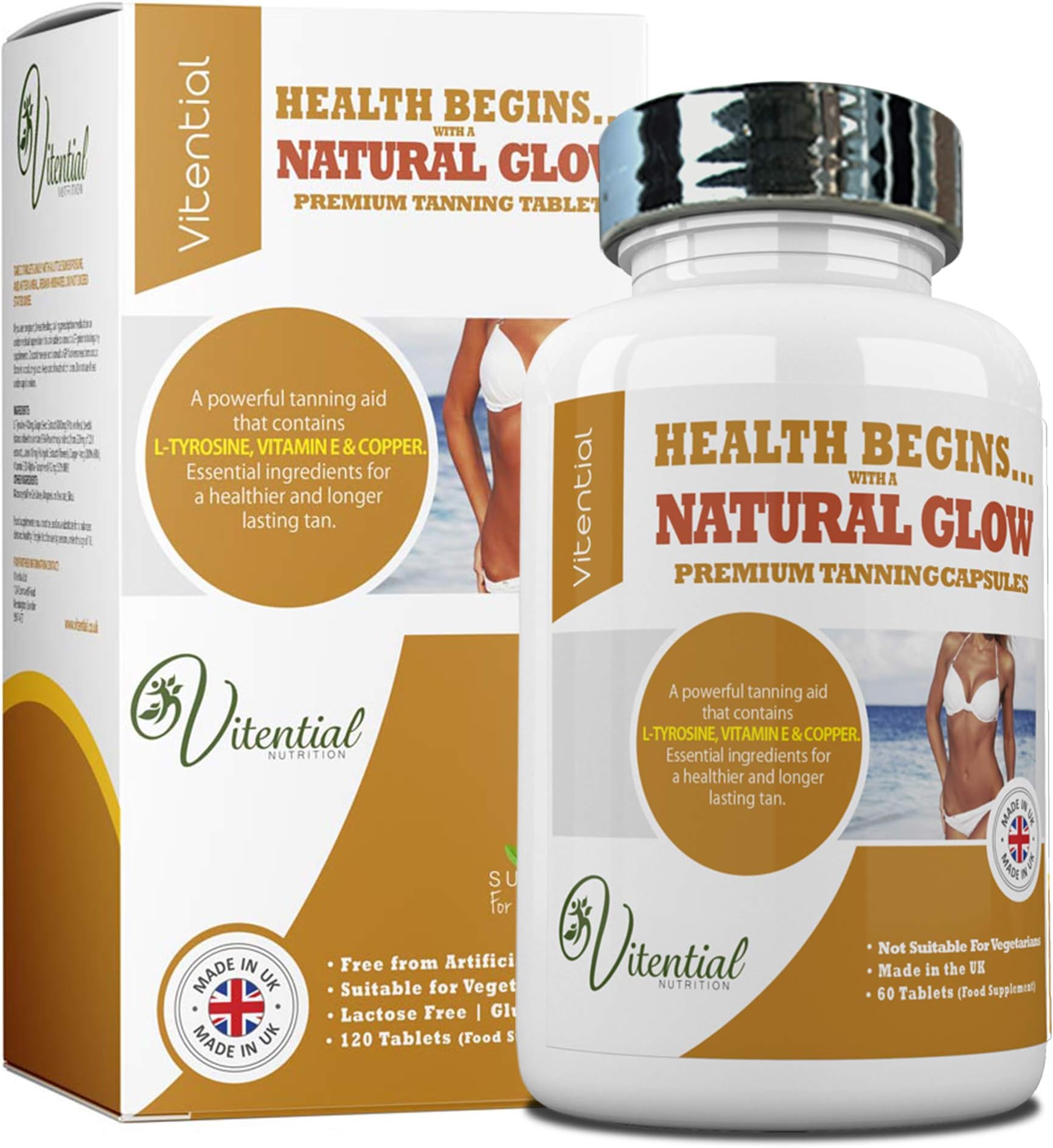 Vitential Nutrition Tanning Tablets - Gold Standard 60 Capsules - Tanning Accelerator Containing a Blend of Essential Natural Nutrients - Fast Tanning Tablets Without Sun - Suitable for Men & Women